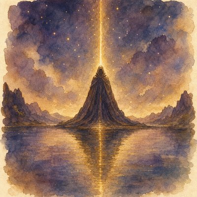a painting of a mountain with a light coming out of it