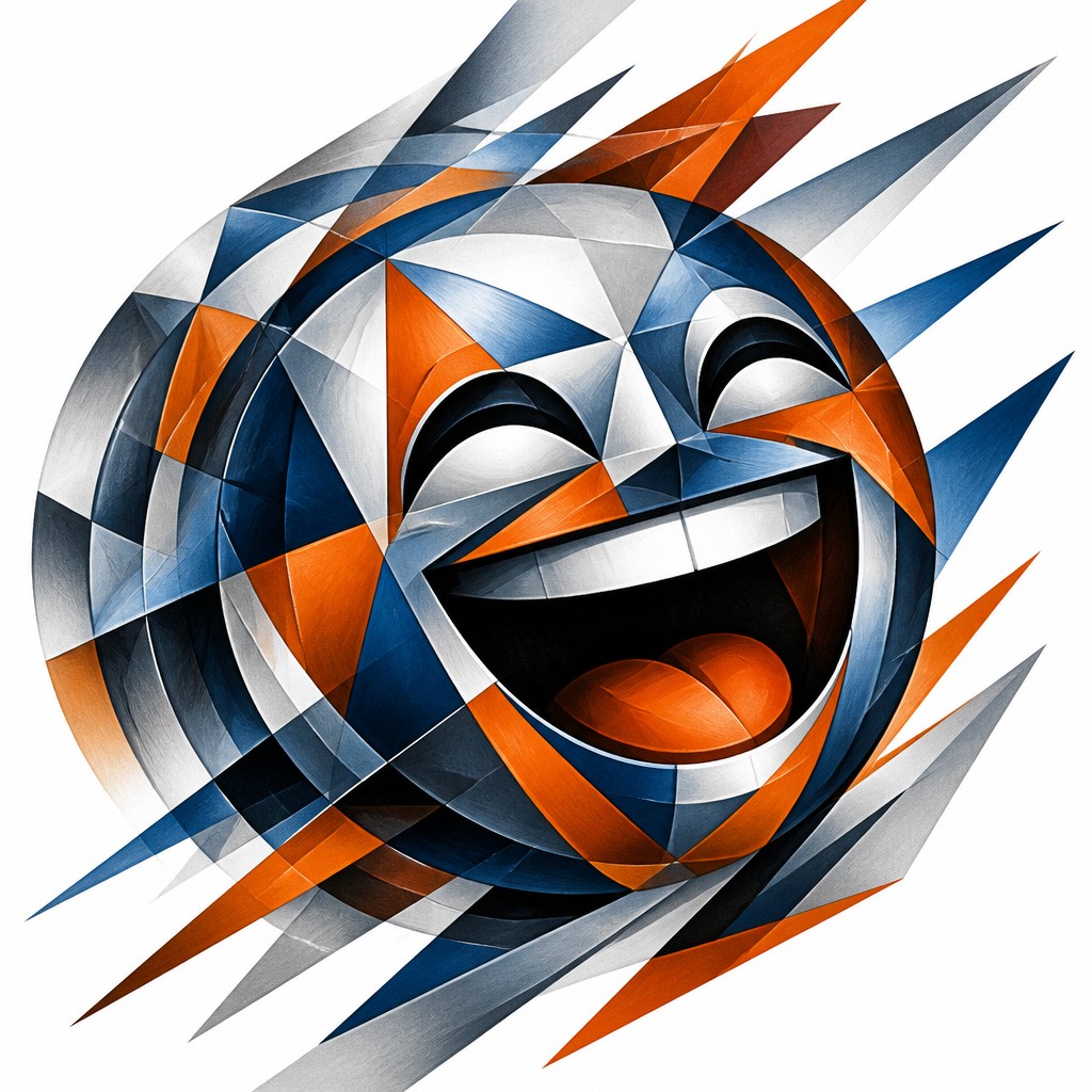 an exaggerated laughing face of an original round mascot character, bold and readable at small size, plain background, no text
