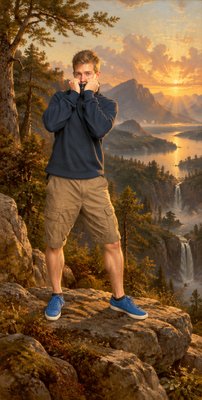 a painting of a man standing on a rock