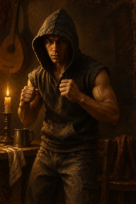 a painting of a man with a hoodie and a candle