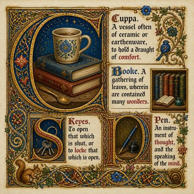 still life with everyday objects — Illuminated Manuscript Art Style