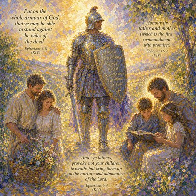 “Put on the whole armour of God, that ye may be able to stand against the wiles of the devil.” (Ephesians 6:11, KJV)
“Honour thy father and mother; (which is the first commandment with promise;)” (Ephesians 6:2, KJV)
“And, ye fathers, provoke not your children to wrath: but bring them up in the nurture and admonition of the Lord.” (Ephesians 6:4, KJV)
Combine these three commandments into one picture please. 