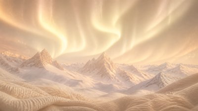 a flowing aurora over snowy peaks, wide sweeping composition, no people, no text