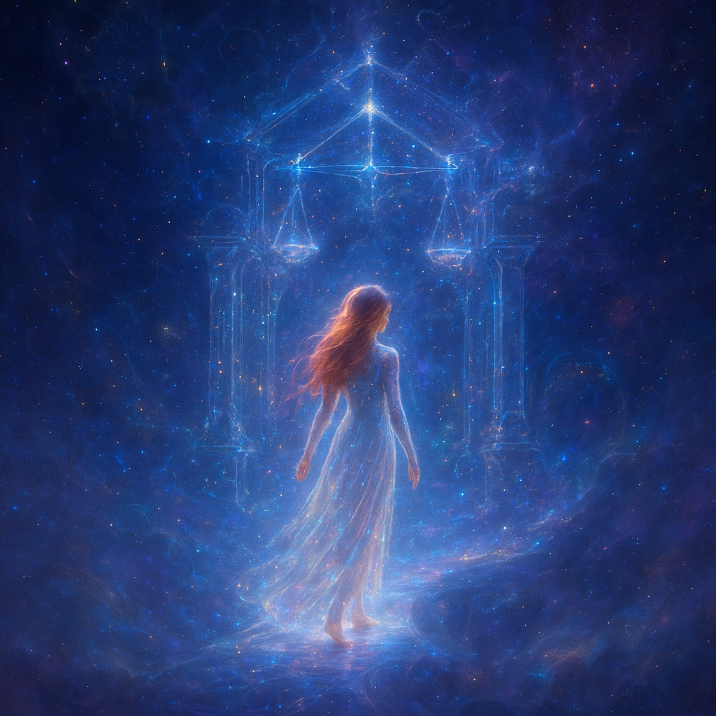 An ethereal and surreal depiction of a figure in a deep dream state, gracefully walking into the heart of the Mountain House constellation, also known as Libra. The figure is a lady with long, flowing red hair, luminous shimmering full length dress radiating a soft inner light, suggesting her non-physical dream presence. She is stepping off a softly glowing, dream-like pathway or ethereal bridge that extends from a misty, dreamscape foreground into the vastness of space.
The Mountain House (Libra) constellation is not just stars but appears as a majestic, floating celestial architecture – perhaps as ancient, star-dusted pillars, glowing celestial doorways forming a 'mountain house' structure, built from nebulae and starlight. Within this constellation, gentle cosmic dust, shimmering gas clouds, and distant galaxies are visible, creating a sense of infinite depth.
The dominant colors are soft blues, purples, and deep indigos of space, interwoven with golden and silver light emanating from the stars and the lady's luminous form and radiant red hair. There's a profound sense of peace, wonder, and weightlessness. The atmosphere is serene and magical, conveying the feeling of transcending physical reality and entering a realm of cosmic balance and ancient wisdom. The artistic style is highly fantastical and painterly, with a focus on glowing effects, subtle transparency, and a dreamlike composition.