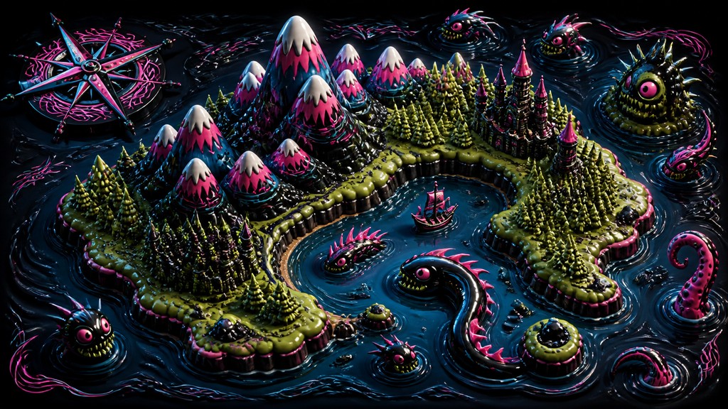 a map of an island realm with mountains, forests, a sheltered bay, sea monsters in the water and a compass rose, no text labels