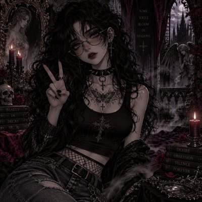 black curly hair, glasses, a spiked choker, a chest tattoo, a dark crop top, fishnet detailing at the waist, and denim jeans. peace sign with fingers