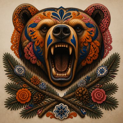 a roaring bear head above crossed pine branches, bold graphic composition on a plain background, no text