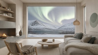 a flowing aurora over snowy peaks, wide sweeping composition, no people, no text