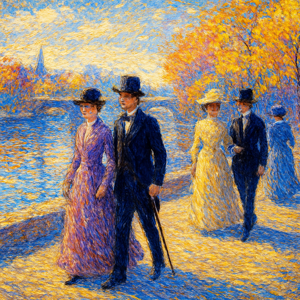 elegant Parisians in late 19th-century attire walking beside the River Seine, radiant lavender and gold foliage, mirror-like water reflections, bright afternoon light, pointillist texture layered with thick oil impasto, crisp sculptural brushwork, soft pigment ridges, vivid contrast between figures and background  Inspired by Neo-Impressionists like Seurat & Signac ...  reimagined with cinematic clarity and modern remixability.