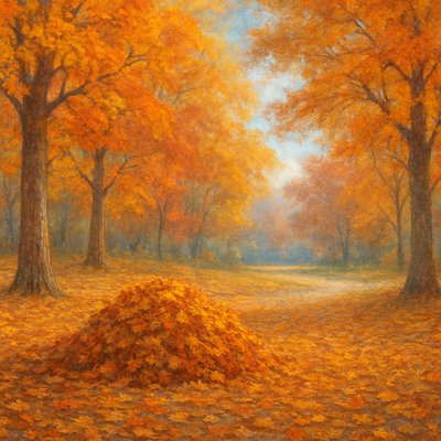 A tranquil and inviting autumn landscape based, depicting a park-like setting with large trees and a central pile of fallen leaves. The trees framing the foreground and extending into the middle ground are now in their full, glorious fall colors, displaying a rich tapestry of brilliant yellows, deep oranges, fiery reds, and warm russets.

The ground is generously covered with a soft, thick carpet of fallen autumn leaves, rendered in various warm hues. A prominent, neatly gathered pile of raked leaves sits in the middle ground, inviting curiosity or play, with its textures and colors clearly visible. In the background, hints of a path or road gently wind through more fall foliage, suggesting a peaceful stroll.

The sky above is a soft, clear autumn blue, allowing warm, diffused sunlight to filter through the canopy, casting gentle shadows and highlighting the vibrant colors of the leaves both on the trees and on the ground. The overall mood is one of serene autumnal beauty, crisp air, and the pleasant, nostalgic feeling of a beautiful fall day in a park."