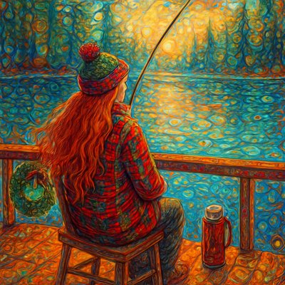 A realistic and peaceful image of a 56-year-old woman fishing on the shores of Lake Livingston, Texas, during the Christmas season. She has very long, vibrant red hair that flows all the way down to her waist, gently moving in the breeze.

She is standing on a wooden dock or sitting in a comfortable chair by the water, surrounded by the tall pine trees characteristic of East Texas. The weather is cool but pleasant (Texas winter). She is wearing cozy holiday-themed attire, such as a warm plaid flannel shirt in red and green, a festive scarf, or a beanie. Maybe there is a small Christmas wreath on the railing of the dock or a thermos of hot cocoa nearby. The lake is calm and reflects the soft winter sun. The lighting is warm and golden. High quality, photorealistic, serene atmosphere.