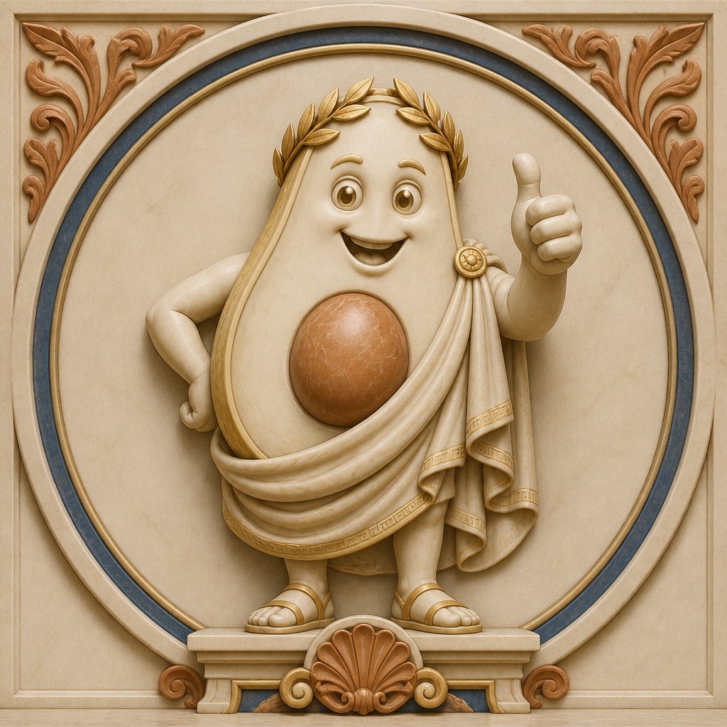 a happy avocado character giving a thumbs up, bold readable design on a plain background, no text