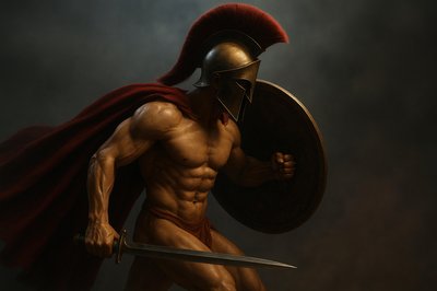 a painting of a roman warrior holding a sword and shield