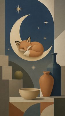 a sleeping baby fox curled on a crescent moon among soft stars, gentle and warm, no text