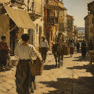 urban street with city activity — Macchiaioli Art Style