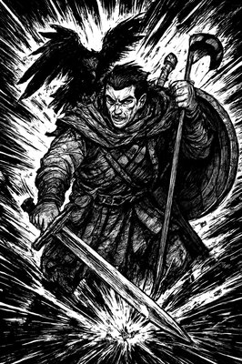 a black and white drawing of a man holding a sword