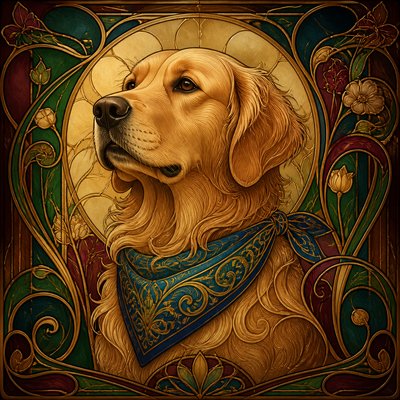 portrait of a golden retriever wearing a blue bandana, warm plain backdrop, no text