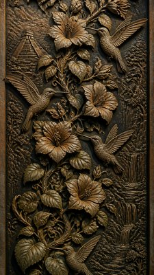 a climbing vine of flowers and hummingbirds on a dark background, tall wrapping composition, no text