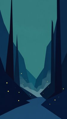 a mysterious forest path with fireflies and drifting mist, atmospheric vertical composition with open space at the top, no text