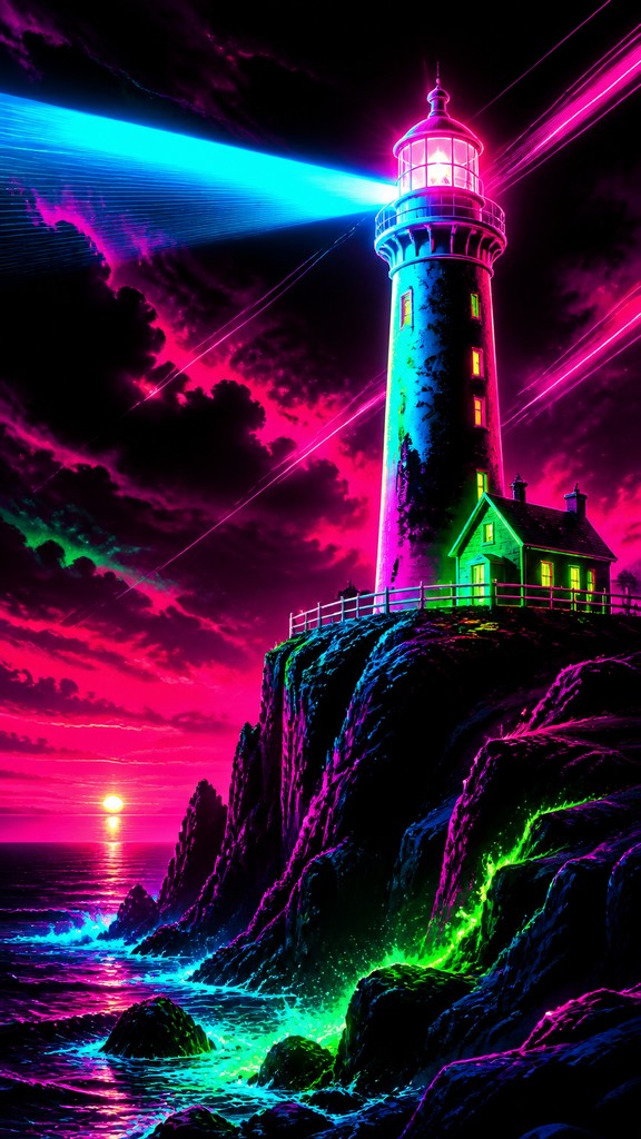 a lone lighthouse on a cliff at dusk under a dramatic sky, no text or lettering