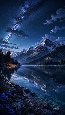 a tranquil mountain lake beneath a starry night sky, no people, no text