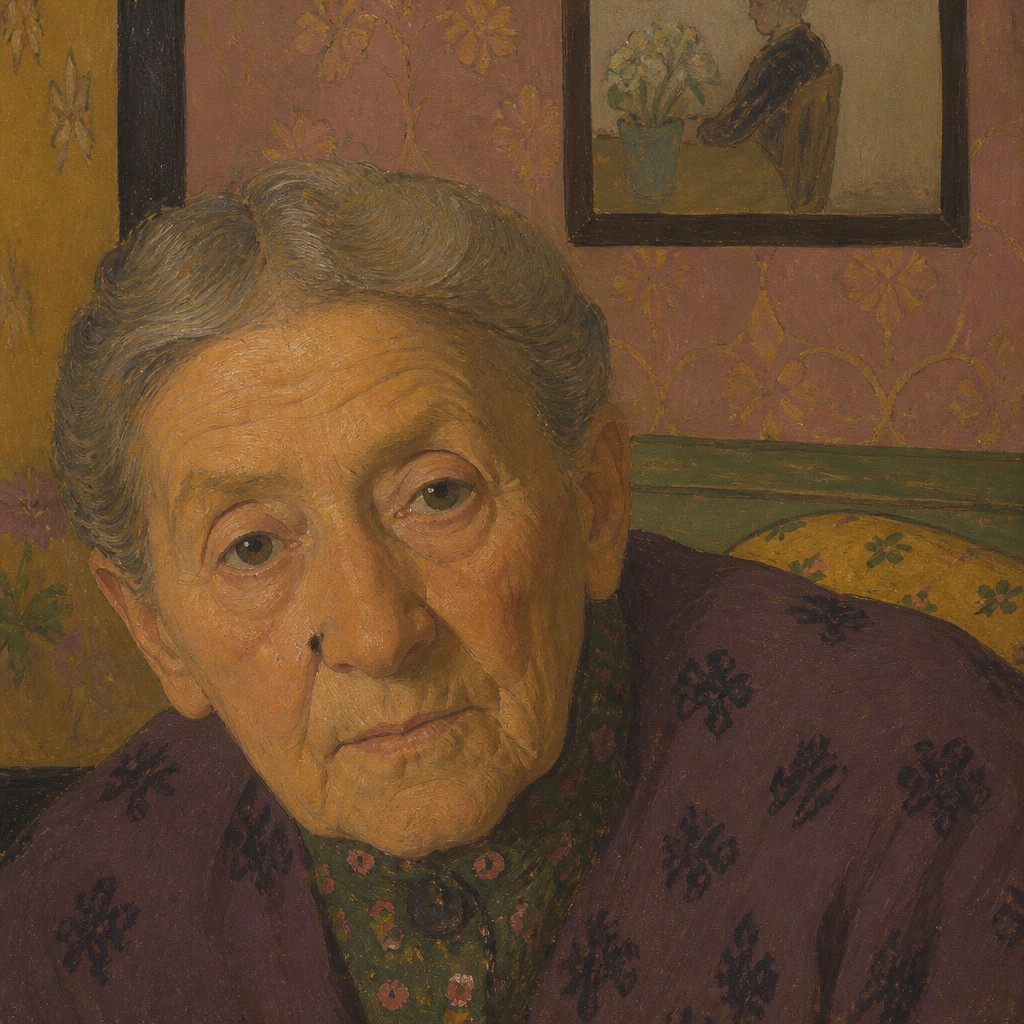 close-up portrait of an elderly person with expressive weathered features — Les Nabis Art Style