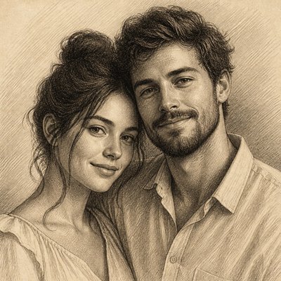 portrait of two people together — Hatching Drawing Style