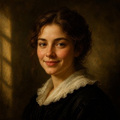 head-and-shoulders portrait of an original character: a young woman with wavy chestnut hair and a warm smile, plain soft backdrop