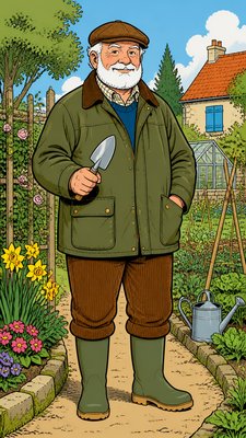 full-length portrait of an original character: a stocky older gardener with a short white beard, brown flat cap, olive waxed jacket, corduroy trousers and rubber boots, holding a trowel