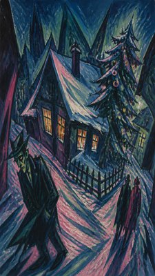 a snow-covered cottage with warm glowing windows beside a decorated pine tree, gentle snowfall, no text