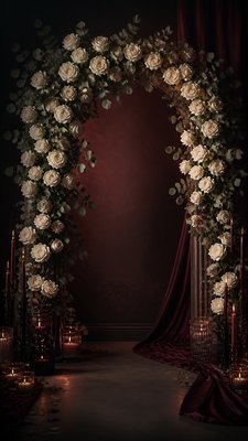 an arch of white roses and eucalyptus in soft morning light, elegant vertical composition with open space, no text