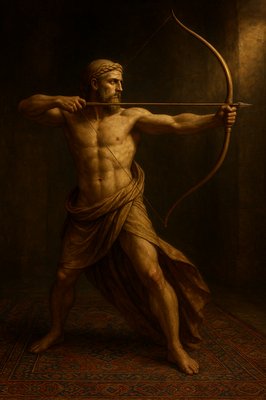 a painting of a man holding a bow and arrow