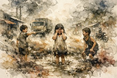 Southeast Asia.  Modern day.  Nearer to the city now, the bus thumps and bumps to a slower pace.
Grinding gears mark spaces between dirty children, playing obliviously in the road.
Neither village nor metropolis, outskirts have no identity:
Just a blurry line of encroachment;
a temporary half-life on the way to something more.

Dust springs up from the tires of trucks headed both ways on the road.
A little girl stands crying in a mud puddle; her brothers laughing from the sides.
She has to learn rejection to participate in this brutal, belonging dance.
A little life, and a little death
for a product truly worthy of its name: a good woman is hard to find.
