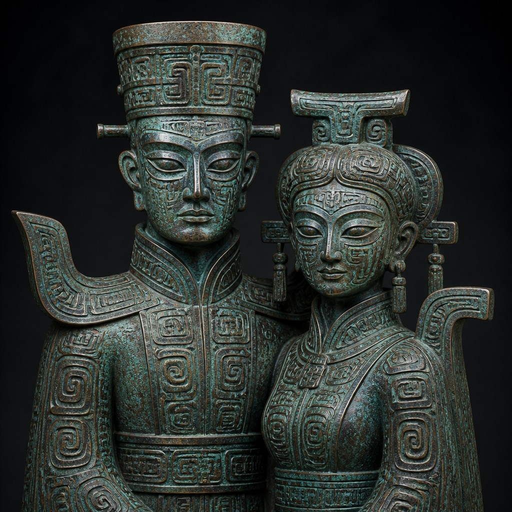 portrait of two people together — Ancient Chinese Bronze Art Style