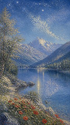 a tranquil mountain lake beneath a starry night sky, no people, no text
