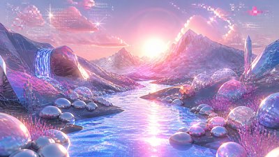a vast valley with a river winding toward distant mountains at sunrise, no people, no text