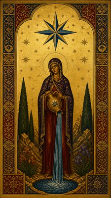 a robed figure pouring water beneath a large eight-pointed star in a night sky, symmetrical composition with an ornate decorative border, no text