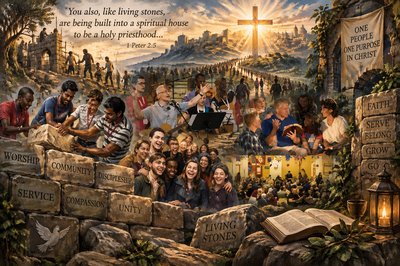 a painting of a group of people gathered together