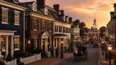 bustling city street panorama at dusk