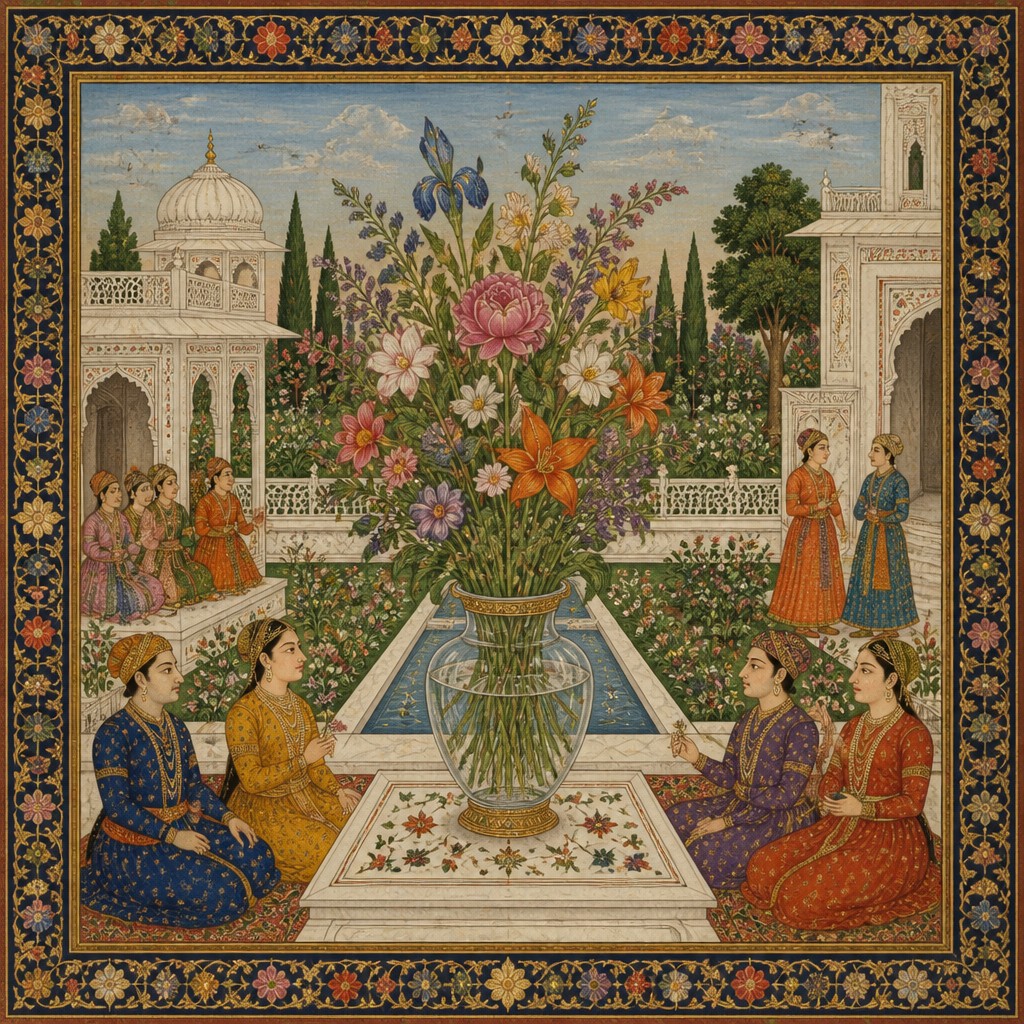 bouquet of flowers in a glass vase — Mughal Miniature Art Style