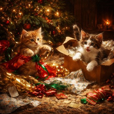 Baroque Oil Painting, Tenebrism Lighting, Rich Canvas Texture a heartwarming scene under a decorated Christmas tree. Two fluffy kittens, one a ginger tabby and the other a calico, are joyfully playing in a chaotic pile of discarded Christmas wrapping paper, ribbons, and bows. The ginger kitten is tangled in a long piece of shiny red and green paper, batting at a curled ribbon. The calico kitten is pouncing from inside a torn open cardboard gift box, surrounded by crumpled tissue paper. Torn pieces of colorful wrapping paper (gold foil, snowman patterns, stripes) and empty gift tags are scattered everywhere on a plush rug. The Christmas tree above them is glowing with warm fairy lights and decorated with traditional ornaments. The background is a cozy living room with a fireplace.