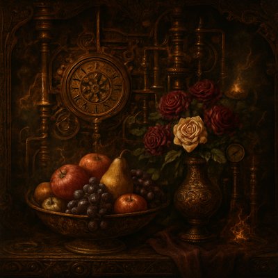 still life arrangement of fruits and flowers