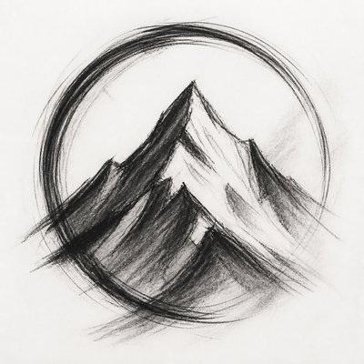 an emblem of a mountain peak inside a circle, simple bold shapes on a plain background, no text or lettering