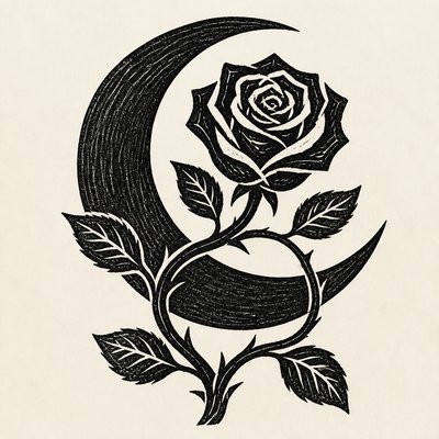 a rose entwined with a crescent moon, clean balanced composition on a plain background, no text