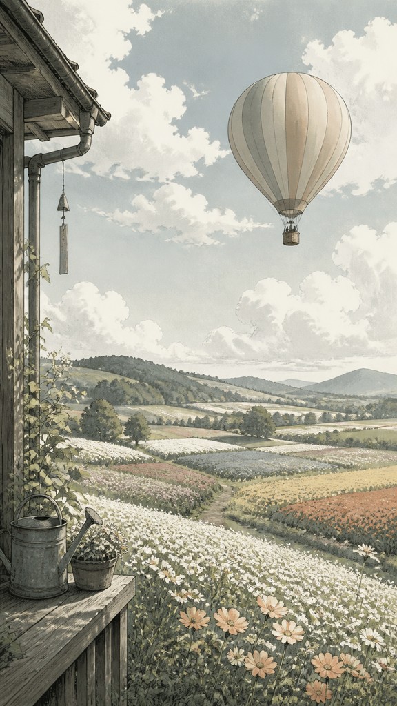 a hot air balloon drifting over rolling flower fields on a sunny day, cheerful, no text