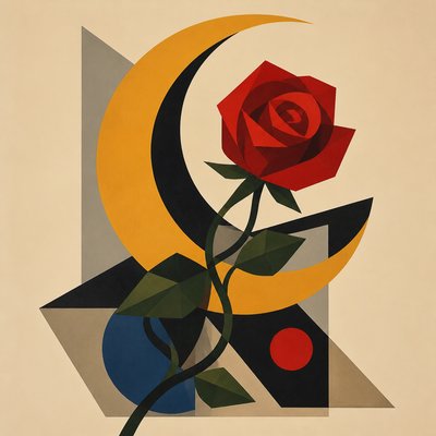 a rose entwined with a crescent moon, clean balanced composition on a plain background, no text