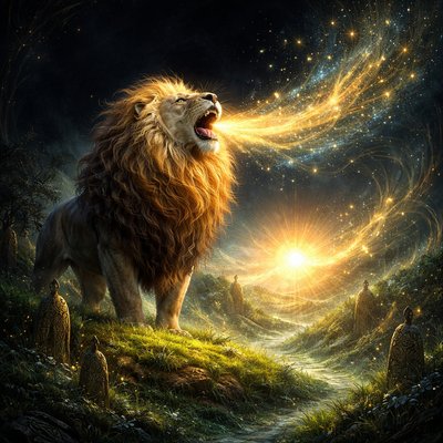A majestic, golden-maned lion standing alone in a dark, empty void. The lion's mouth is open in a calm, melodic song. From his breath, golden ripples of light flow outward, transforming into stars, a rising sun, and lush green grass erupting from the shadows. High fantasy style, cinematic lighting, ethereal glow, divine atmosphere, 8k resolution.