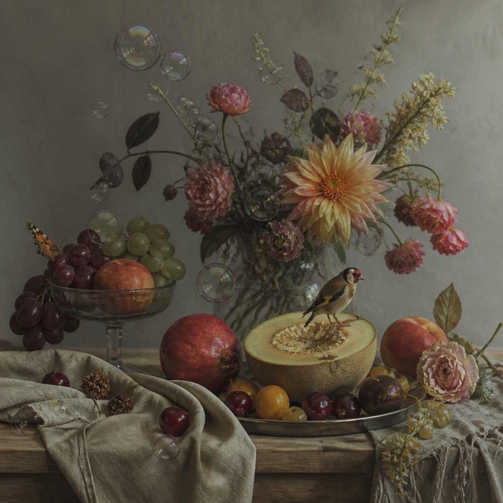 still life arrangement of fruits and flowers