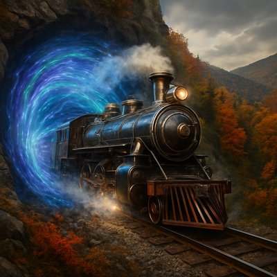 Photorealism Art Style, a magnificent, life-sized, vintage steam train (reminiscent of the "Time Train" from Back to the Future Part III, complete with futuristic modifications and gleaming brass accents) is captured in a dynamic moment, aggressively bursting forth from a shimmering, swirling spacetime continuum portal or wormhole. The portal glows with ethereal blues, purples, and electric greens, distorting the air around it. The train's front half has already emerged, with steam and sparks flying, as it dramatically enters through the mouth of a dark, natural rock tunnel nestled deep within the lush, rugged Appalachian Mountains. The surrounding mountain landscape is ablaze with vibrant fall foliage in stunning hues of deep red, fiery orange, and brilliant gold, mixed with green evergreens, under a slightly overcast, dramatic sky. Focus on the hyper-realistic details of the steam train, the dynamic, energetic effects of the spacetime portal, and the authentic textures of the Appalachian rock and the rich autumn leaves, all illuminated by the contrasting light of the portal and the natural environment.