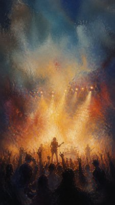 a live music scene with a glowing stage and silhouetted crowd, energetic vertical composition with open space at the top, no text